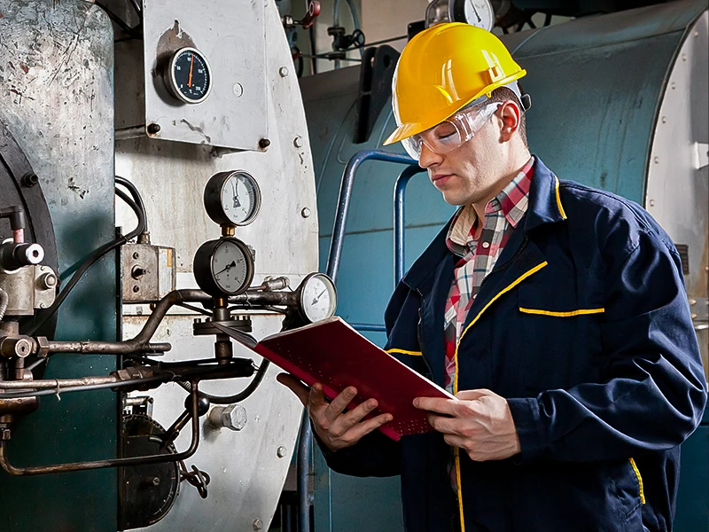 Ein Arbeiter steht mit einem Heft vor einer Maschine.