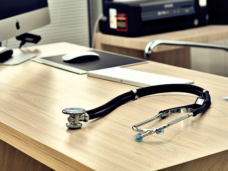 Ein Stethoskop liegt auf dem Schreibtisch des Betriebsarztes.