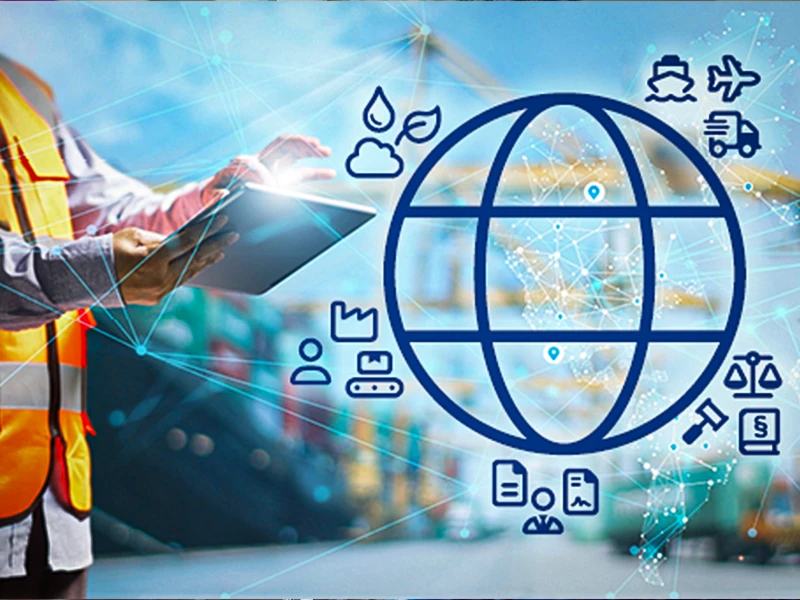 Grafik: Legal Compliance als Weltkugel mit verschiedenen Symbolen dargestellt.