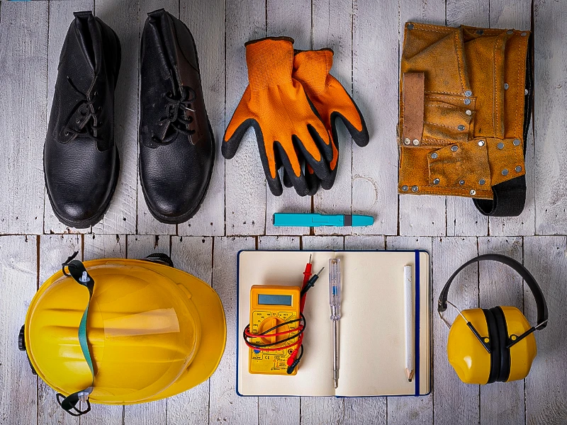 Bild, auf dem verschiedene PSA zu sehen ist. Z. B. Schuhe, Helm und Handschuhe.