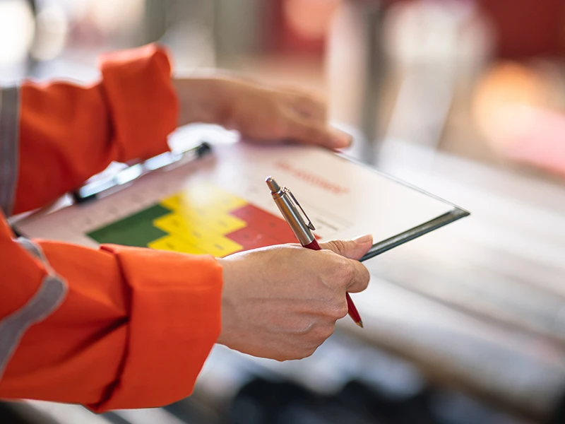 Ein Mitarbeiter führt eine Gefährdungsbeurteilung nach Nohl durch.