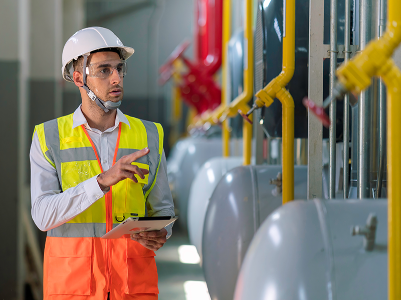 Ein Arbeitsschutzbeauftragter nimmt eine Gefährdungsbeurteilung vor.