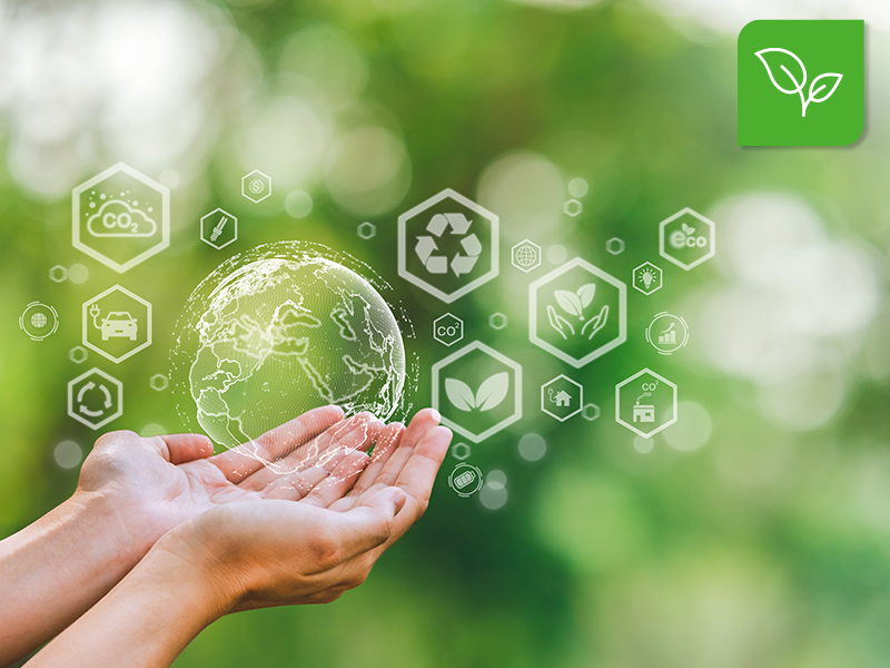 Zwei Hände die eine digitale Weltkugel halten.