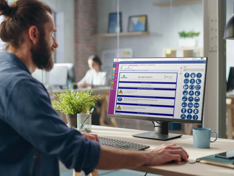 Ein Mann sitzt im Büro am Bildschirmarbeitsplatz und schaut sich eine digitale Betriebsanweisung an.