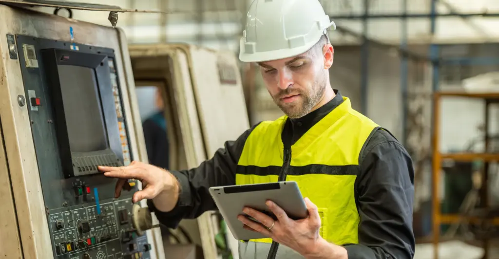 Ein Mann mit Schutzhelm und Warnweste bedient eine Maschine. In einer Hand hält er ein Tablet mit einer Betriebsanweisung.