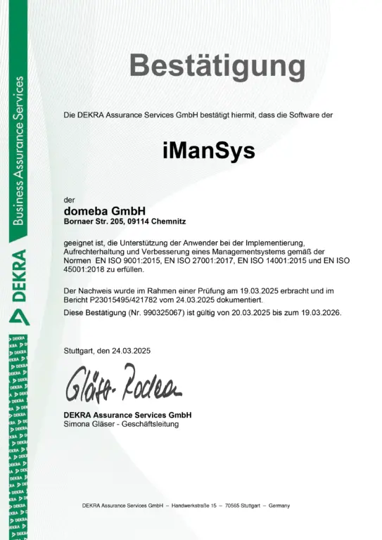 DEKRA Konformitäts Bestätigung 2025