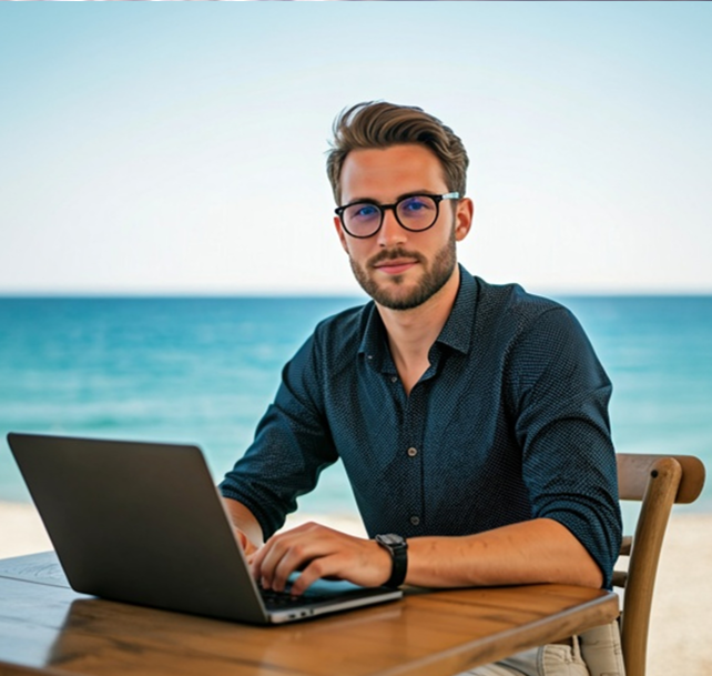Man sitting at a table on the beach