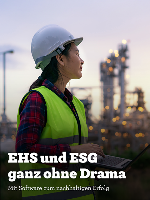 Frau mit einem Helm auf und Laptop in der Hand schaut in die Ferne.