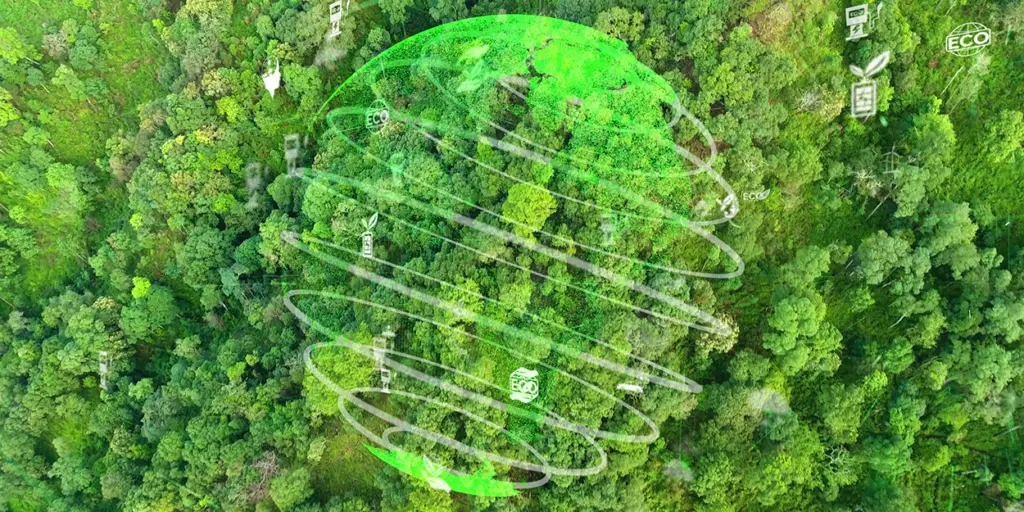 An abstract representation of a globe over a forest