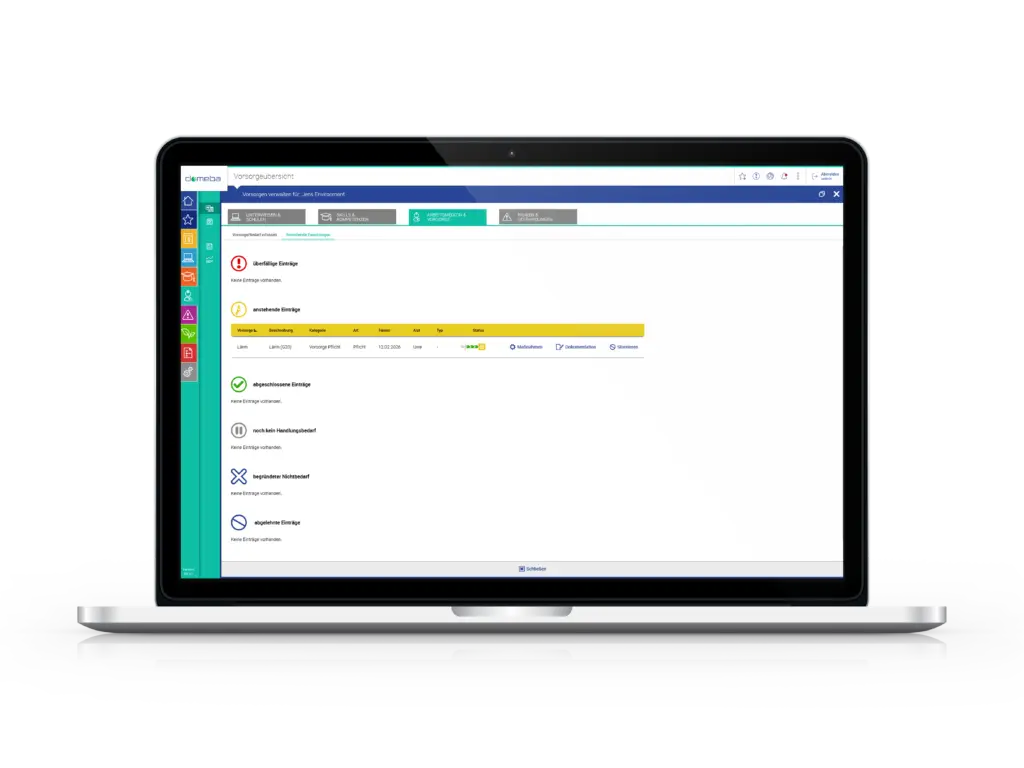 Screen with mapped domeba software occupational health prevention planning.