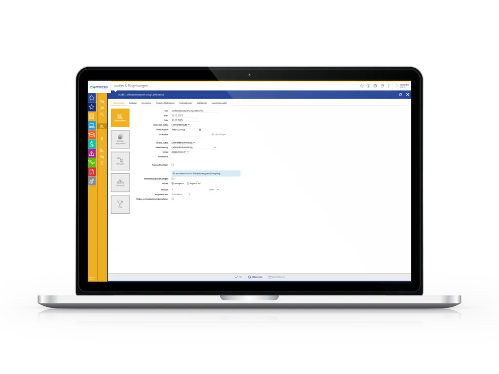 Computerbildschirm mit abgebildeter domeba Software Audits und Begehungen.