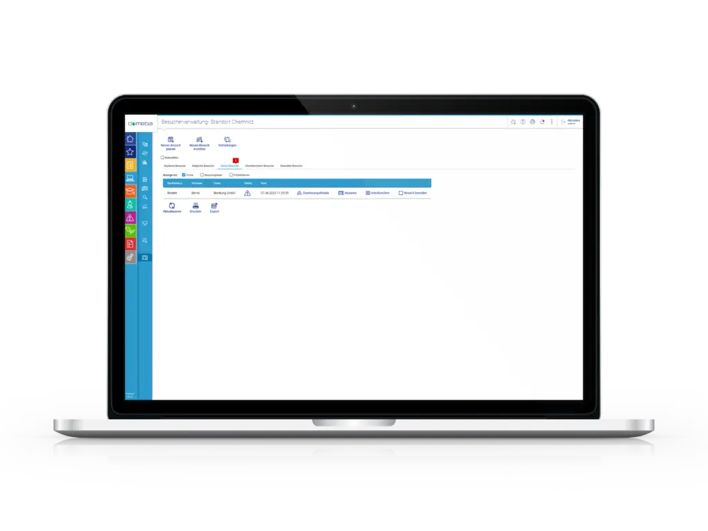 Computerbildschirm mit abgebildeter domeba Software Besucherverwaltung.