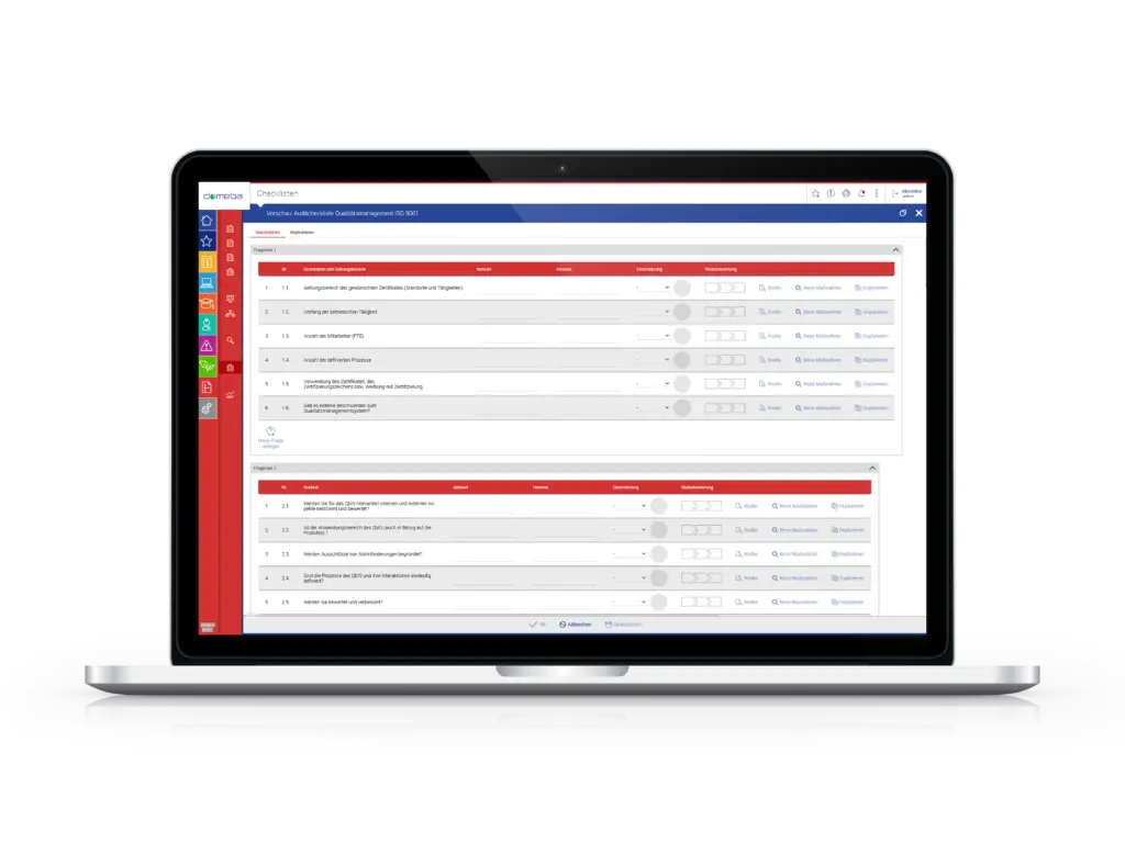Screen with mapped domeba software Checklist Management
