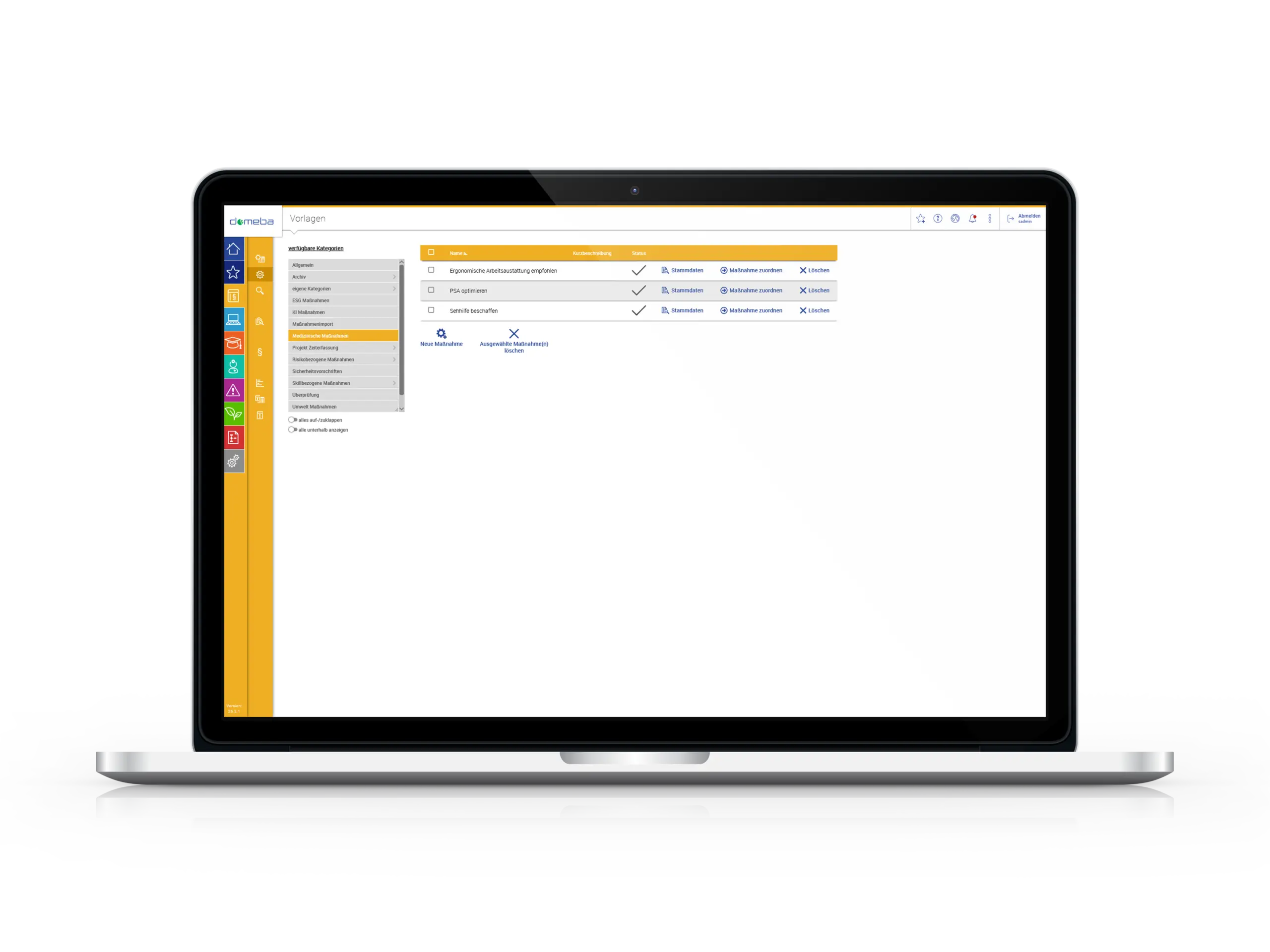 Computerbildschirm mit abgebildeter domeba Software Maßnahmen.