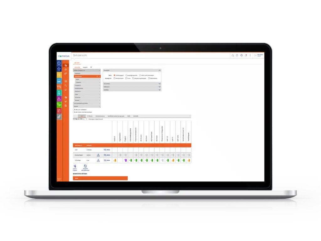 Computerbildschirm mit abgebildeter domeba Software Kompetenzen und Qualifikationen.