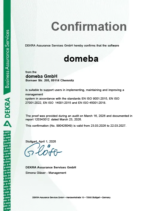 DEKRA Conformity Audit domeba Confirmation 2026
