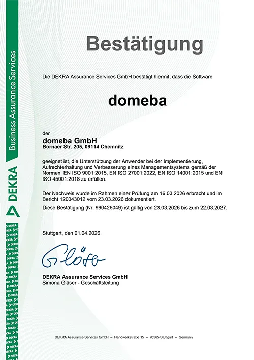 DEKRA Konformitätsaudit domeba Bestätigung 2026