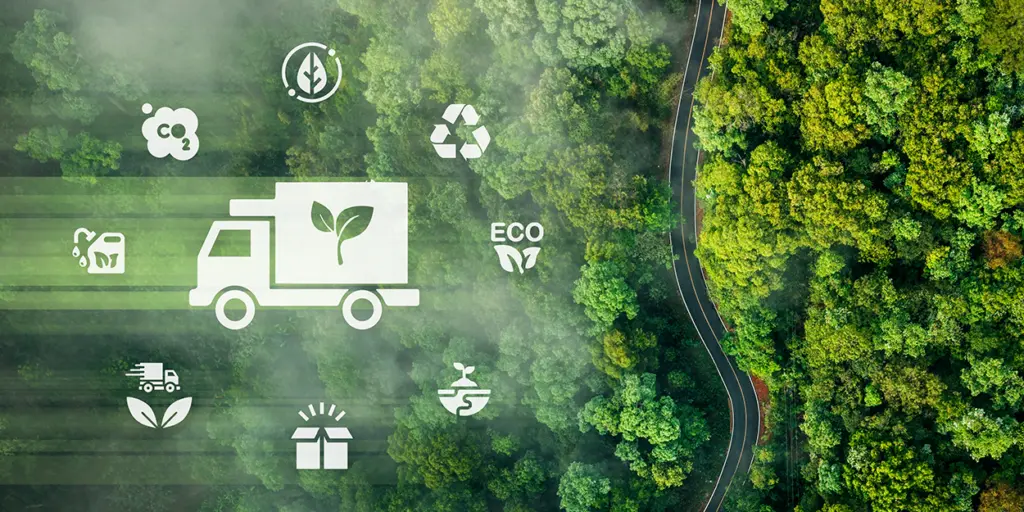 Mehrere Symbole, die eine Lieferkette darstellen vor einem Wald.