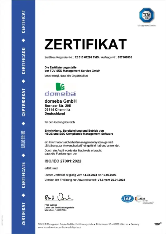 Auszeichnung ISO 27001 domeba.