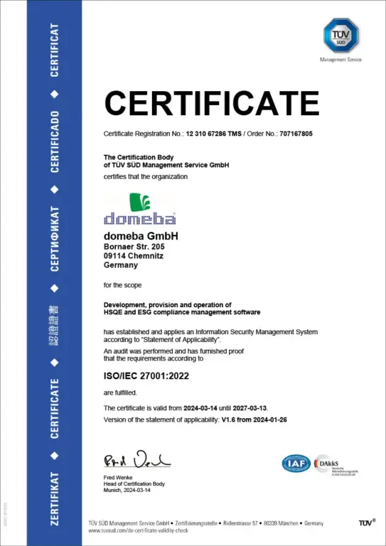 Certificate ISO 27001 domeba.