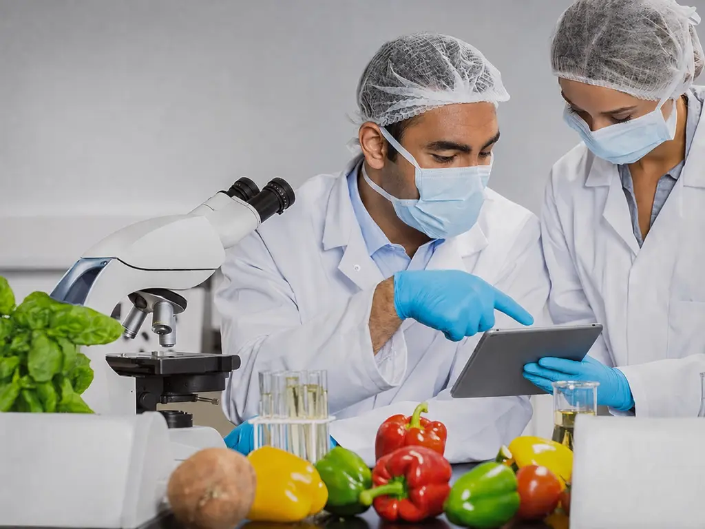 Laborpersonal analysiert Lebensmittelproben mit Tablet neben Mikroskop und frischem Gemüse.