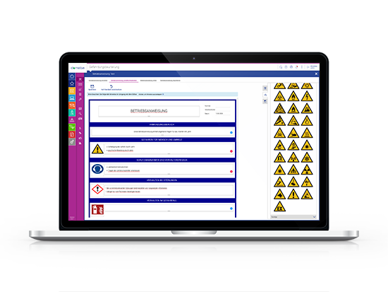 Laptopbildschirm zeigt eine Softwareoberfläche zur Arbeitssicherheit mit einem Formular zur Gefährdungsbeurteilung und einer Spalte mit verschiedenen Warnsymbolen