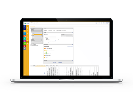 Laptop screen displaying a work safety software interface with a survey overview and a left-side menu bar