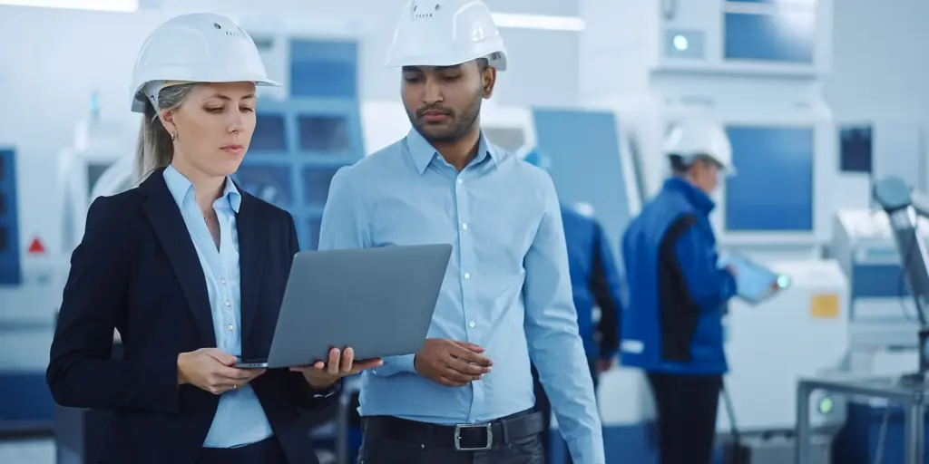 Two employees look at a tablet and discuss occupational safety processes.